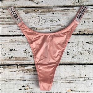 NWT Medium Victoria’s Secret Satin Logo Shine Strap Thong Panty Silky Bling Sexy